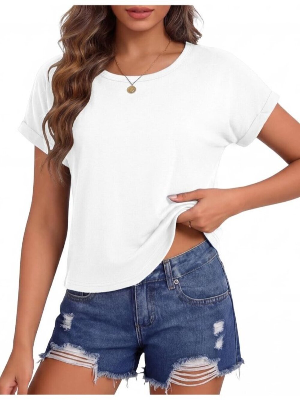 Women's White Roll Short Sleeve Crewneck Loose Fit Boxy Pull On Crop Tops